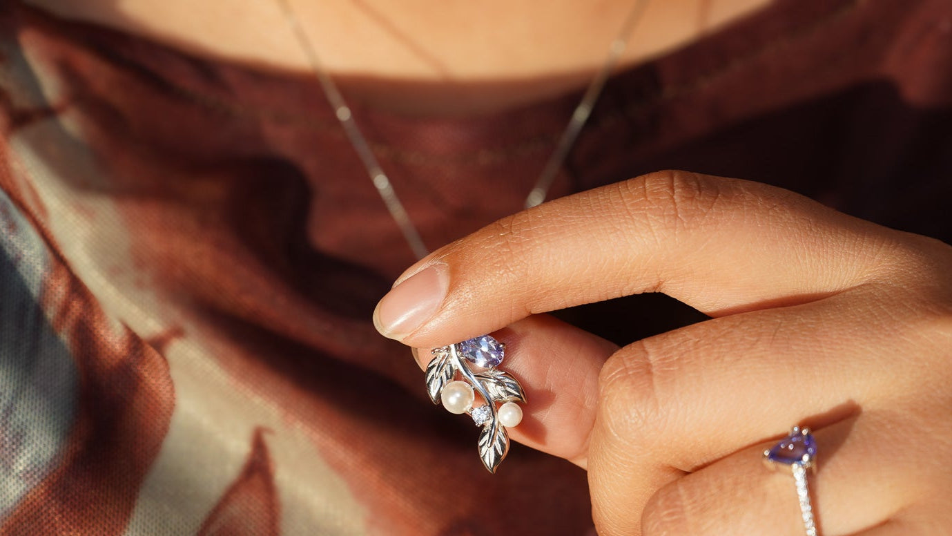 Tanzanite & Pearl Leaf Pendant Necklace