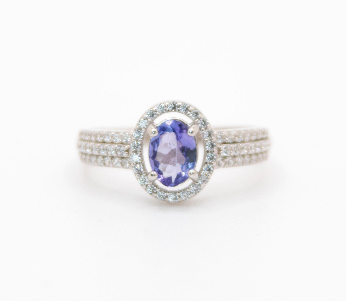Oval-Cut Tanzanite Ring with CZ Halo