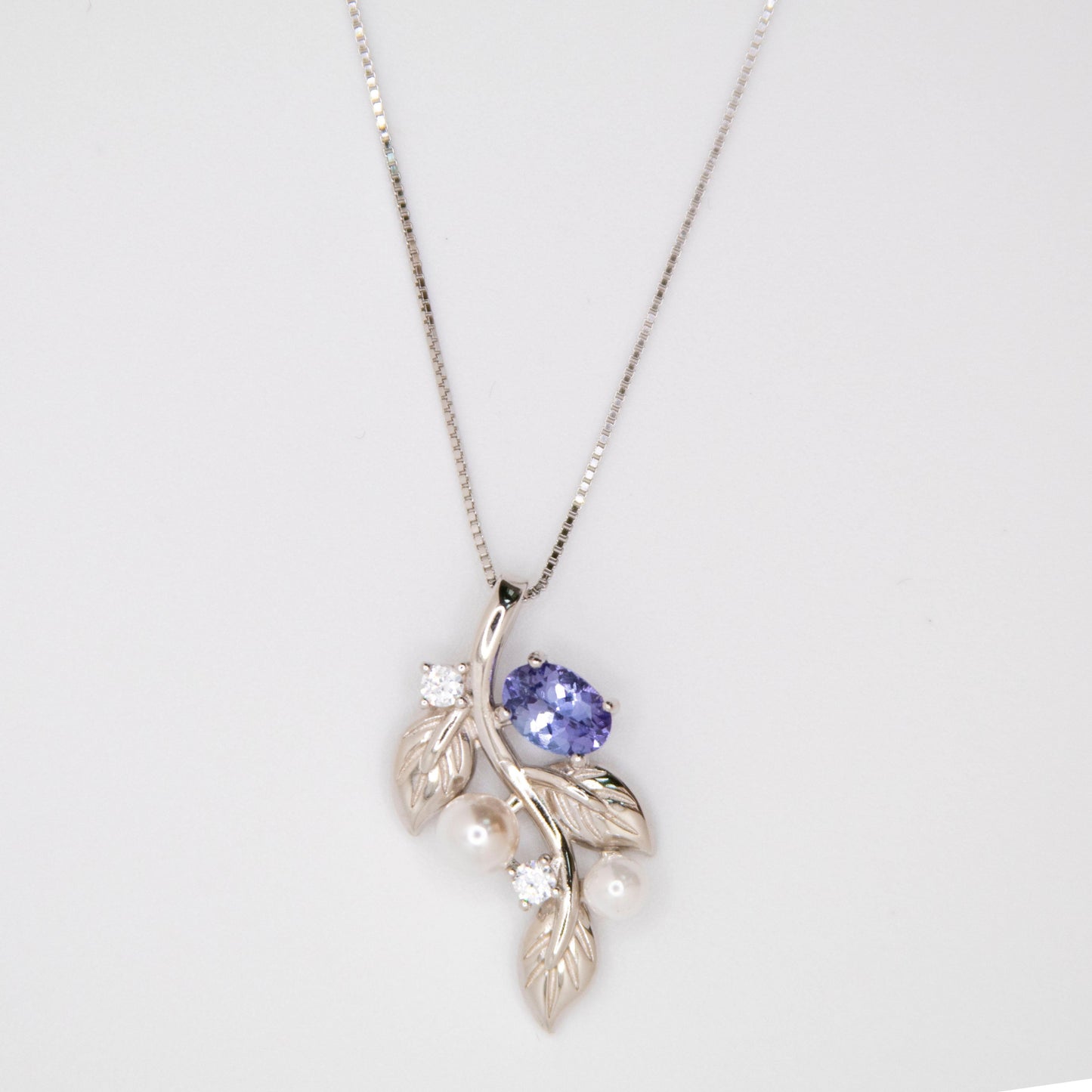 Tanzanite & Pearl Leaf Pendant Necklace