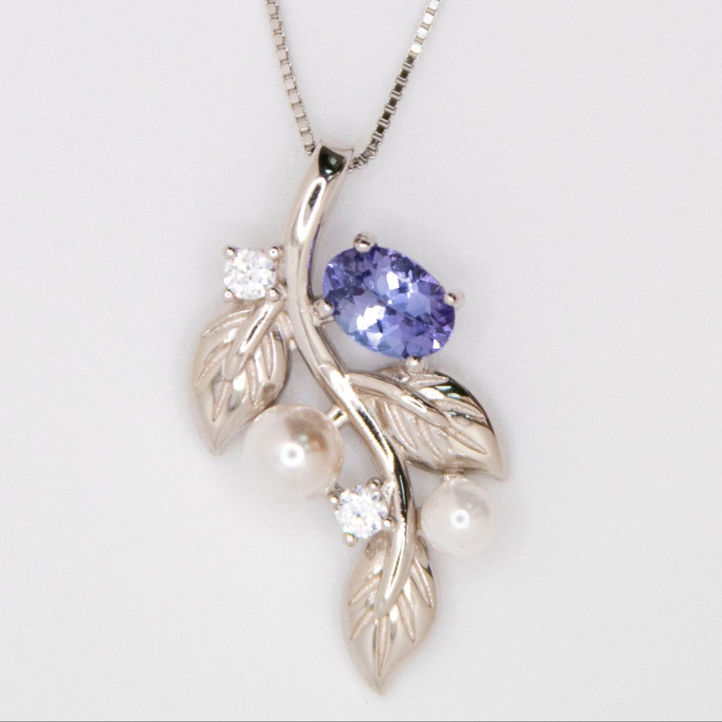 Tanzanite & Pearl Leaf Pendant Necklace