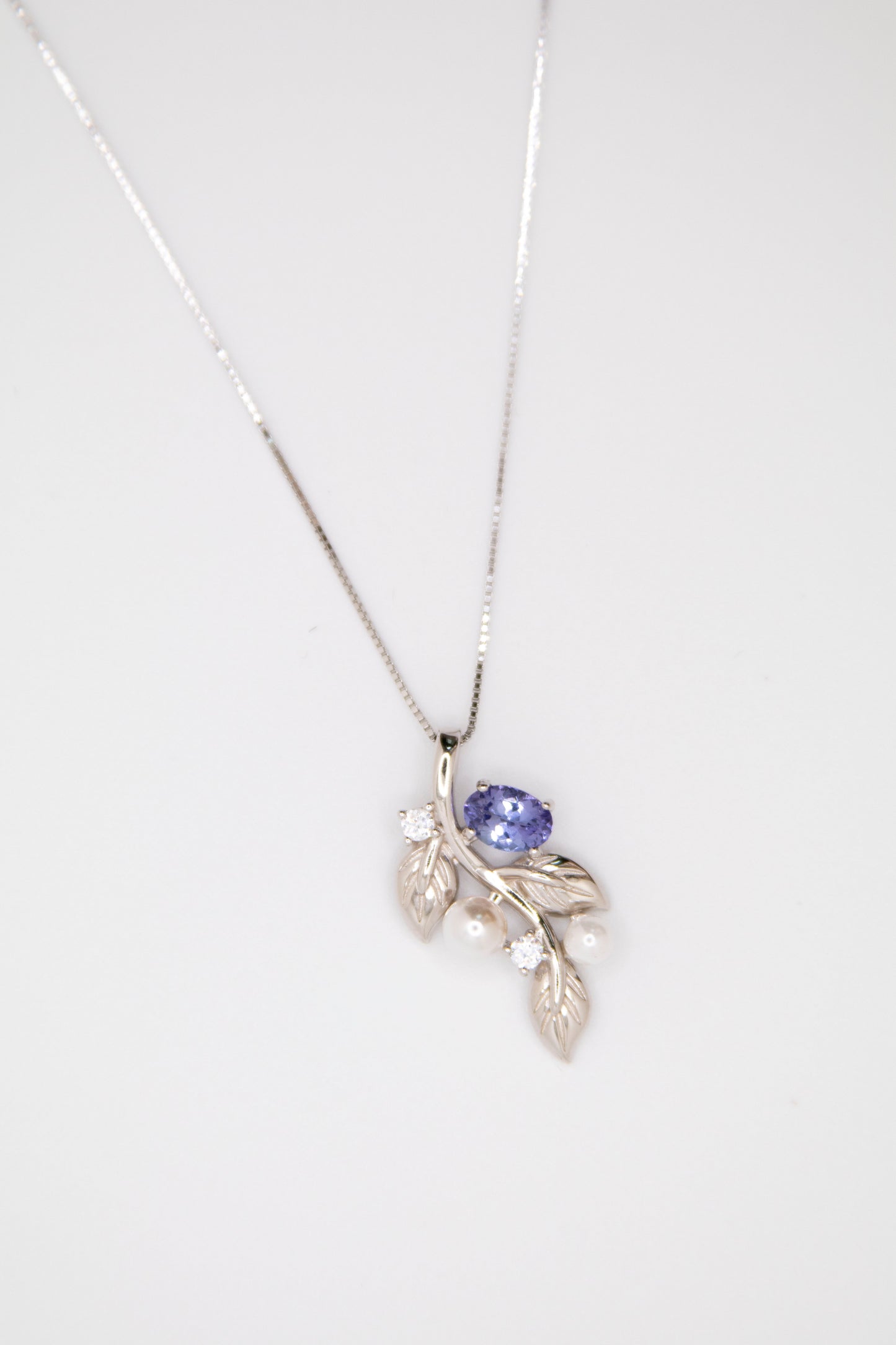 Tanzanite & Pearl Leaf Pendant Necklace
