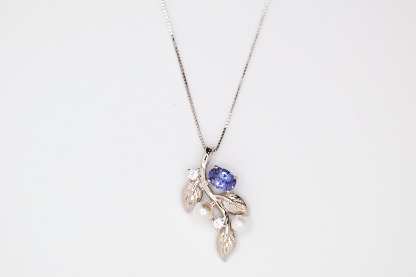 Tanzanite & Pearl Leaf Pendant Necklace