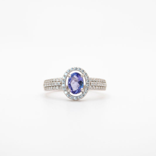 Oval-Cut Tanzanite Ring with CZ Halo
