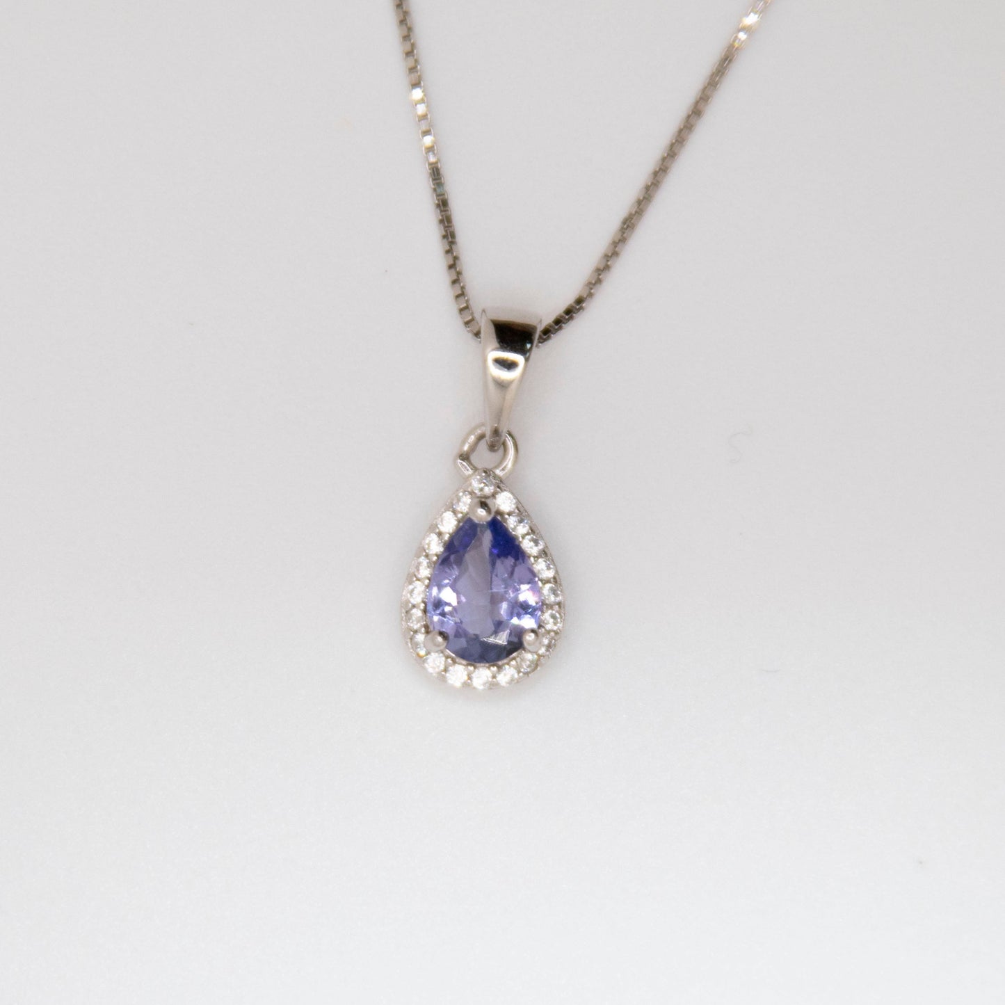 Pear-Cut Tanzanite Halo Pendant Necklace