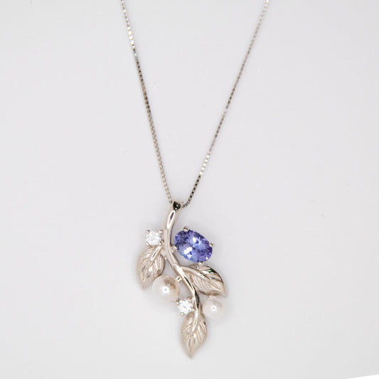 Tanzanite & Pearl Leaf Pendant Necklace